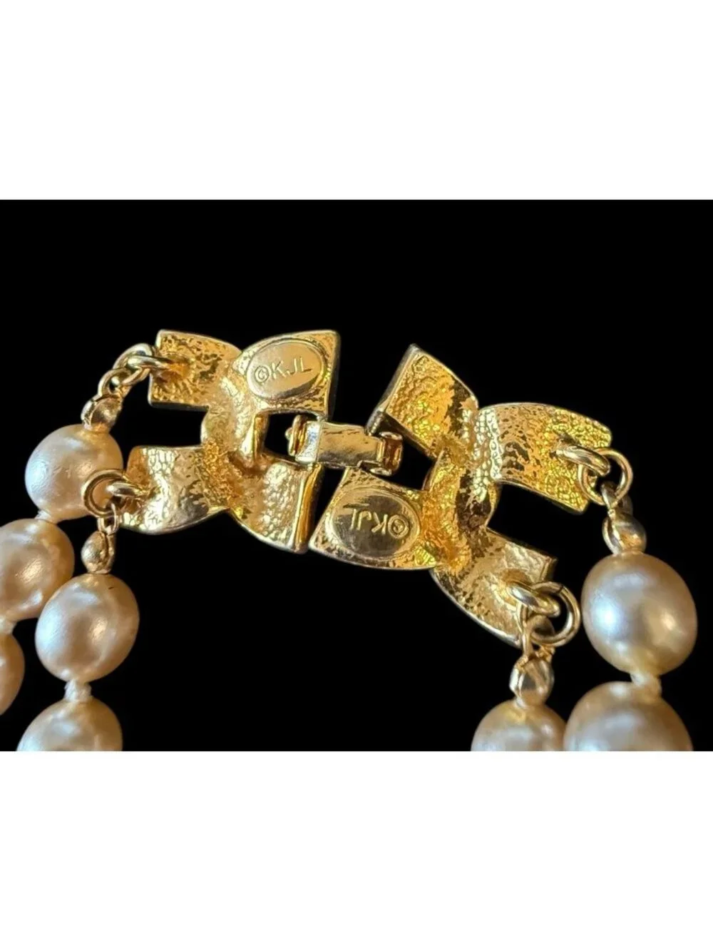 Vintage KJL Kenneth Jay Lane Pave Rhinestone Cream Pearls Bead Bracelet 7" - Picture 4 of 7